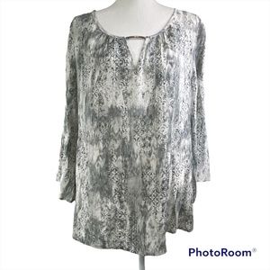 New Directions Gray White Print Plisse Blouse Tunic Bell Sleeve Womens Size XL
